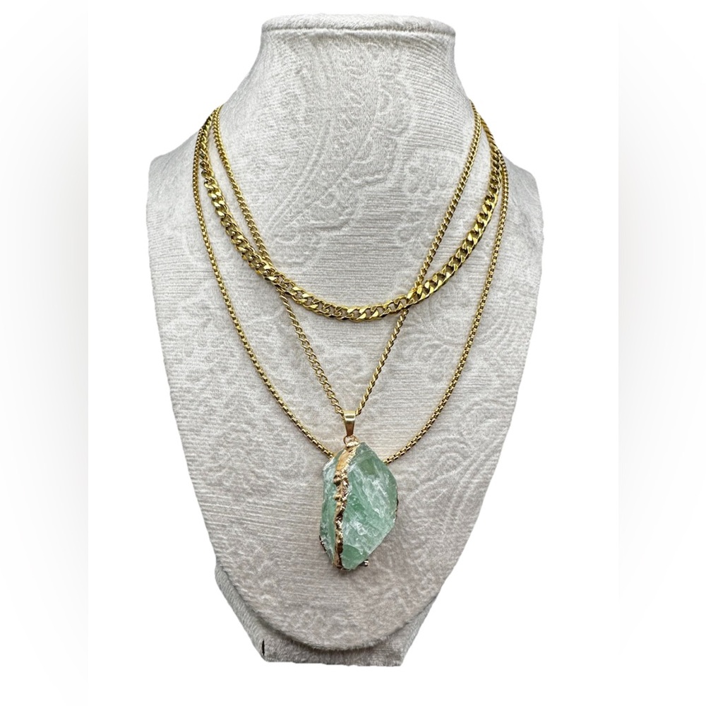14k Gold Plated Layered Necklaces with Aquamarine Quartz Pendant